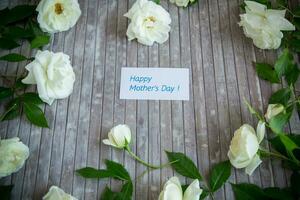 background of many white roses on a light wooden photo