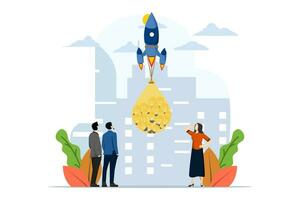 Concept of many ideas for starting a business. The process of starting a business project, ideas through planning and strategy, time management. an idea carried by many rockets. vector illustration.