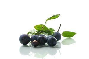 Ripe whole plums with leaves isolated on white background. photo