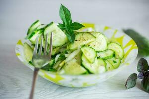 fresh organic cucumber salad with herbs and basil in a plate photo