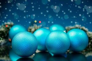 nuevo años juguetes, decoraciones y otro artículos en un azul resumen antecedentes. foto
