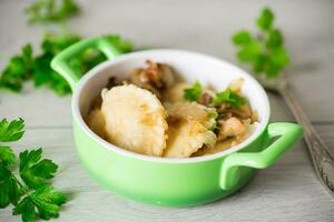 Potato dumplings with onion and mushrooms in a plate. photo