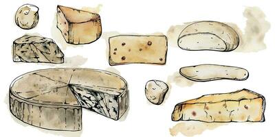 Hand drawn watercolor ink illustration. Assortment of cheese mozzarella parmesan edam emmental gruyere gorgonzola. Set of objects isolated on white. Restaurant menu, cafe, food shop package, print. vector