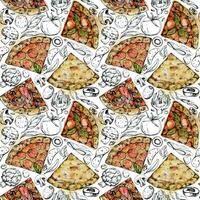 Hand drawn watercolor ink illustration. Pizza slice with toppings, traditional Italian cuisine meal. Seamless pattern isolated on white. Design restaurant menu, cafe, food shop package, flyer, print. vector