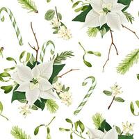 Christmas seamless pattern with white poinsettia flowers, rosemary, snowberry, candy canes, fir branches and mistletoe. vector