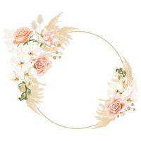 Boho, bohemian wreath with white phalaenopsis orchid flowers, pink rose, reeds and dry plants. Wedding floristry. vector