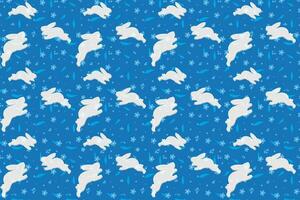 Illustration, pattern of the rabbit on blue flower and leaves on blue background. vector
