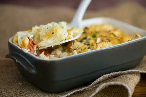 baked cauliflower with chicken fillet and vegetables topped with cheese photo
