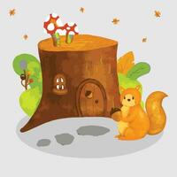 tree house squirrel autumn novel draw paint cute happy color vector design