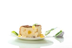 sweet baked cottage cheese casserole with nuts and candied fruits photo