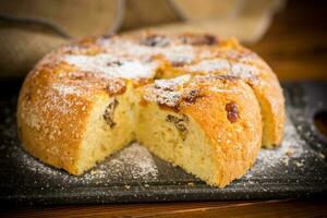 cooked sweet biscuit with dried apricots and nuts inside photo