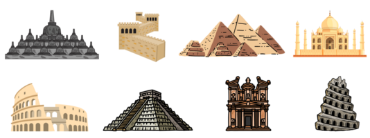 Wonders of the worlds, handrawn, The New Seven Wonders of The Worlds, isolated on transparent background png