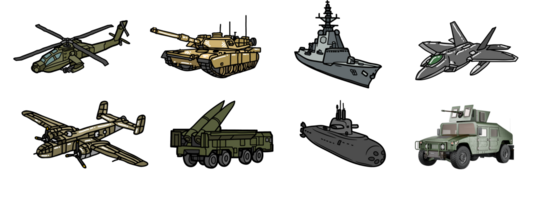 militar combate vehículos, transporte, y máquina icono colocar. obra de arte representa Ejército blindado vehículo, tanque, misil camión, bombardeo, ataque helicóptero, chorro combatiente, buque de guerra, y submarino. png