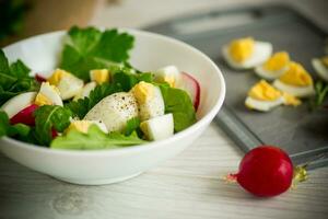 Fresh spring salad with fresh lettuce leaves, radishes, boiled eggs in a bowl photo