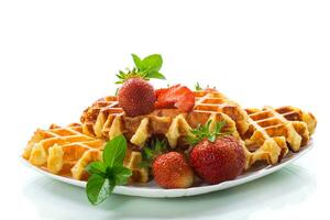 Sweet curd cooked waffles with fresh ripe strawberries photo