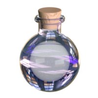 3D render of a round transparent bottle filled with purple liquid. png
