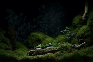 AI generated Green moss and background. Backdrop for displaying products. Dark forest background. generative ai. photo