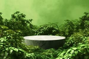 AI generated 3d render platform and Natural podium background on tropical forest for product display, Blank showcase, mock up template or cosmetic presentation with empty round stage. generative ai. photo