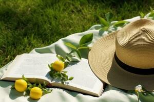 ai generado almuerzo descanso en el parque. picnic cobija con un abierto libro, limones, playa bolso y ancho borde Paja sombrero en un jugoso verde recién recién cortado césped. generativo ai. foto