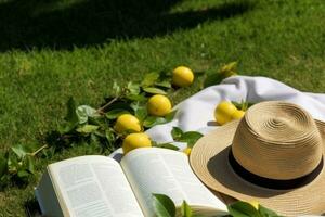 ai generado almuerzo descanso en el parque. picnic cobija con un abierto libro, limones, playa bolso y ancho borde Paja sombrero en un jugoso verde recién recién cortado césped. generativo ai. foto