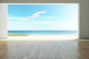 AI generated Sea view large living room of luxury summer beach house with empty wooden floor. Interior 3d illustration in vacation home or holiday villa. generativer ai. photo