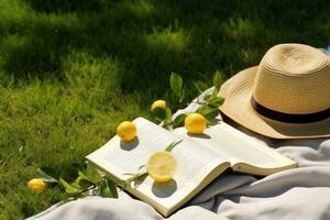 ai generado almuerzo descanso en el parque. picnic cobija con un abierto libro, limones, playa bolso y ancho borde Paja sombrero en un jugoso verde recién recién cortado césped. generativo ai. foto