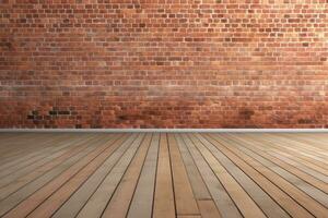 AI generated empty room with red brick wall and wooden floor. generative ai. photo