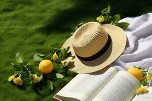 AI generated Lunch break in the park. Picnic blanket with an open book, lemons, beach bag and broad brim straw hat on a juicy green freshly freshly mowed lawn. generative ai. photo