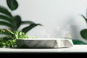 AI generated Stone product display podium with blurred nature leaves background. 3D rendering. generative ai. photo