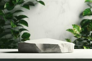 AI generated Stone product display podium with blurred nature leaves background. 3D rendering. generative ai. photo