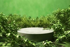 AI generated 3d render platform and Natural podium background on tropical forest for product display, Blank showcase, mock up template or cosmetic presentation with empty round stage. generative ai. photo