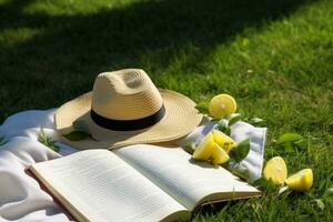 ai generado almuerzo descanso en el parque. picnic cobija con un abierto libro, limones, playa bolso y ancho borde Paja sombrero en un jugoso verde recién recién cortado césped. generativo ai. foto