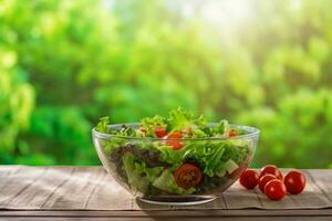 AI generated Full bowl of fresh salad on a wooden table against the background blur green leaves bokeh. generative ai. photo