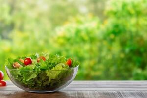 AI generated Full bowl of fresh salad on a wooden table against the background blur green leaves bokeh. generative ai. photo