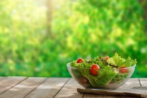 AI generated Full bowl of fresh salad on a wooden table against the background blur green leaves bokeh. generative ai. photo