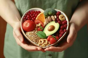 AI generated Woman holding bowl with products for heart healthy diet, closeup. generative ai. photo