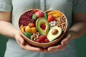 AI generated Woman holding bowl with products for heart healthy diet, closeup. generative ai. photo