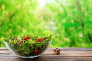 AI generated Full bowl of fresh salad on a wooden table against the background blur green leaves bokeh. generative ai. photo