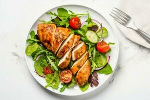 AI generated Chicken fillet with salad. Healthy food, keto diet, diet lunch concept. Top view on white background.generative ai. photo