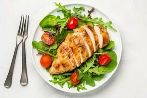 AI generated Chicken fillet with salad. Healthy food, keto diet, diet lunch concept. Top view on white background.generative ai. photo