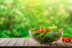 AI generated Full bowl of fresh salad on a wooden table against the background blur green leaves bokeh. generative ai. photo