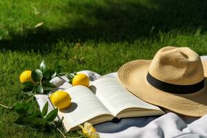 ai generado almuerzo descanso en el parque. picnic cobija con un abierto libro, limones, playa bolso y ancho borde Paja sombrero en un jugoso verde recién recién cortado césped. generativo ai. foto