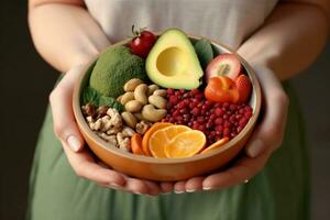 AI generated Woman holding bowl with products for heart healthy diet, closeup. generative ai. photo