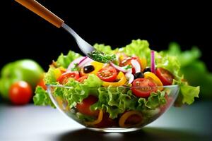 ai generado sano comida Fresco vegetal ensalada y tenedor. generativo ai. foto