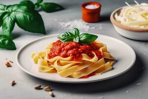 AI generated Pasta Tagliatelle Bolognese with meat tomato sauce and fresh basil leaves on white plate. Light gray table. Selective focus. generative ai. photo