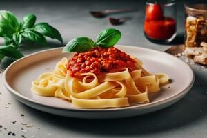 AI generated Pasta Tagliatelle Bolognese with meat tomato sauce and fresh basil leaves on white plate. Light gray table. Selective focus. generative ai. photo