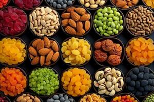 ai generado vistoso seco frutas, clasificado nueces y semillas antecedentes. mezclado crudo comida para bocadillos, parte superior vista. generativo ai. foto