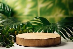 AI generated Cosmetics product advertising stand. Exhibition wooden podium on green background with palm leaves and shadows. Empty pedestal to display product packaging. Mockup. generative ai. photo