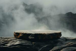 AI generated Rock Top for a Product Display, Showing Middle Close Focus to the Stone Surface on an Artistic Cloudy Foreground and Background with a Bokeh Balls Sky.generative ai. photo