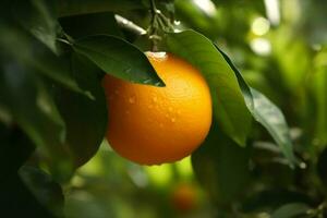 AI generated Fresh orange fruit on tree at orchard. generative ai. photo